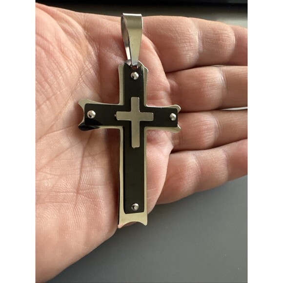 Stainless Steel Double Cross Pendant 24”Chain Necklace Jesus Christ Silver - Picture 4 of 6